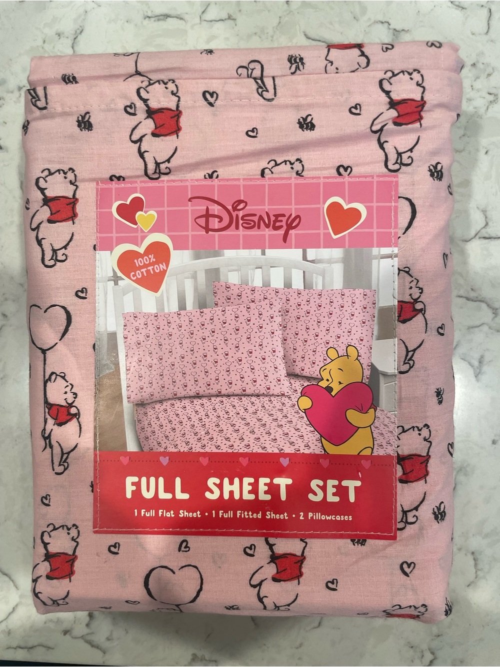 Disney Pink Winnie the Pooh Full Sheet Set with Heart Print